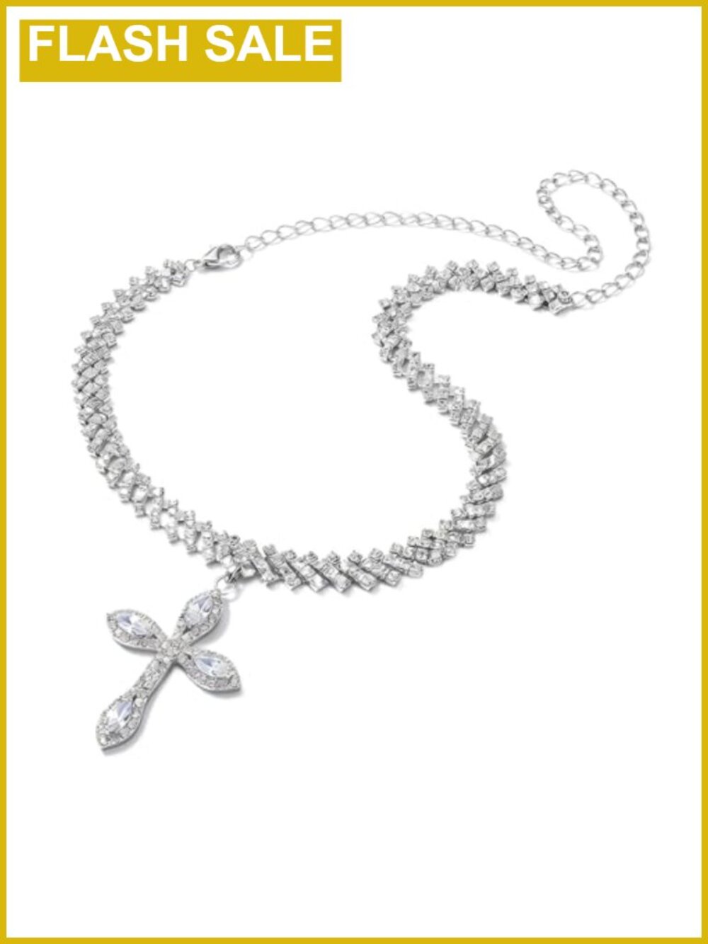 Iced Out Cross Necklace Cubic Zirconia Cuban Link Chain Silver Toned Alloy